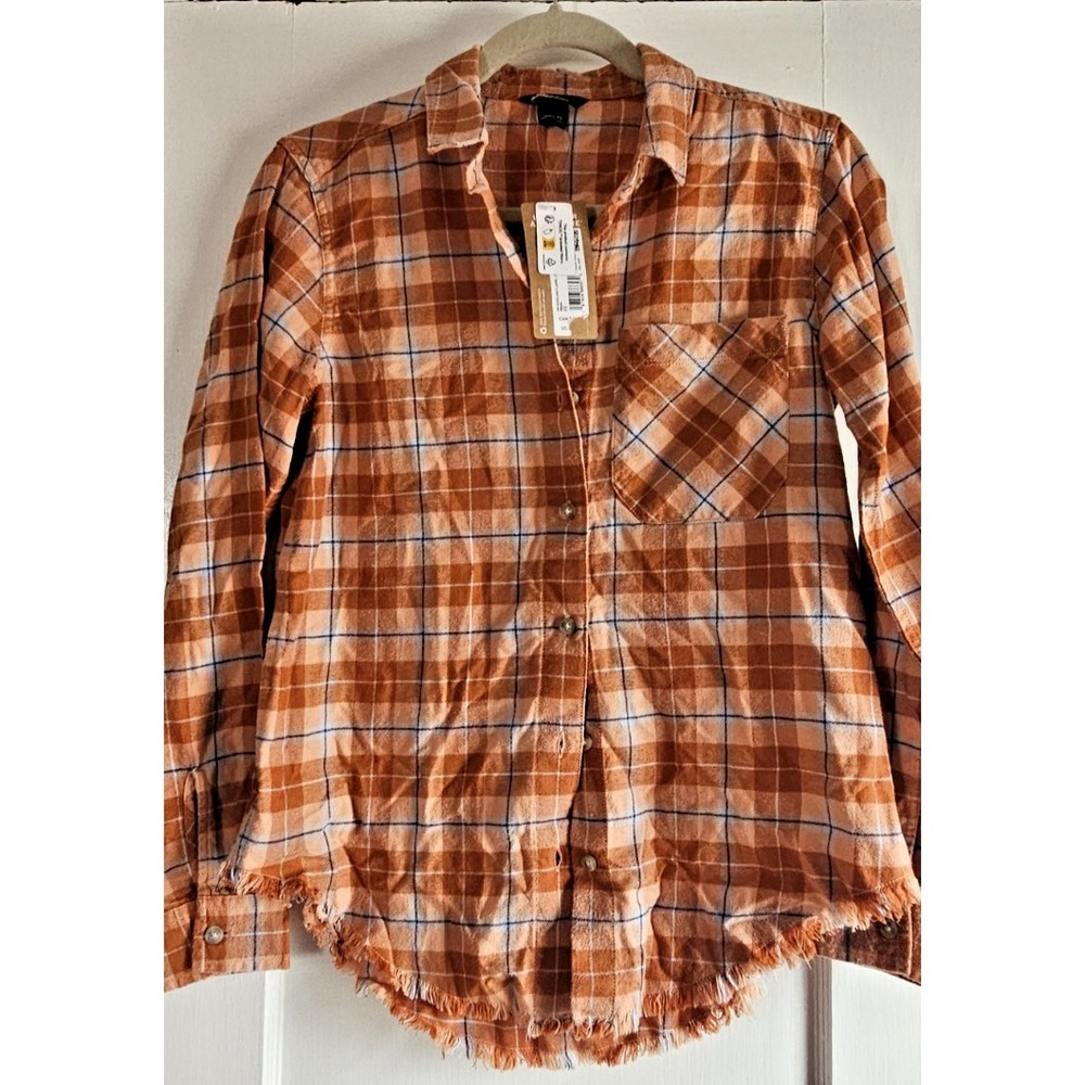 NWT EDDIE BAUER Woodland Flannel woman XS plaid shirt cotton Lyocell frayed hem